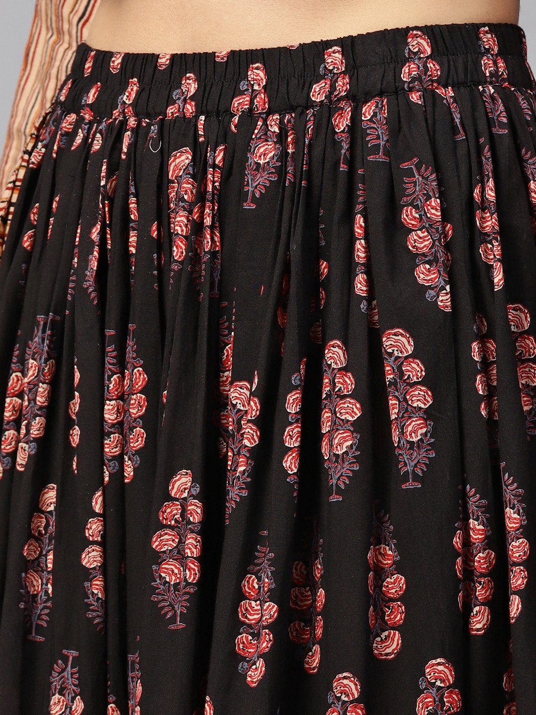 Black Printed 3/4Th Sleeve Blouse With Black Printed Flared Skirt | LASVINI - Redefining Indian Fashion with Elegance