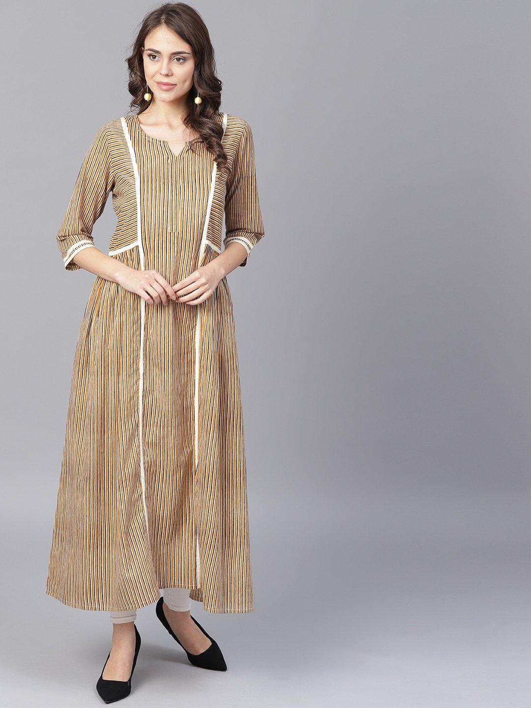 Beige Half Sleeve Cotton Anarkali Kurta | LASVINI - Redefining Indian Fashion with Elegance