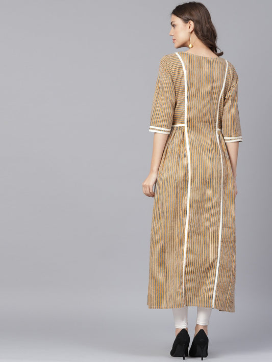 Beige Half Sleeve Cotton Anarkali Kurta | LASVINI - Redefining Indian Fashion with Elegance