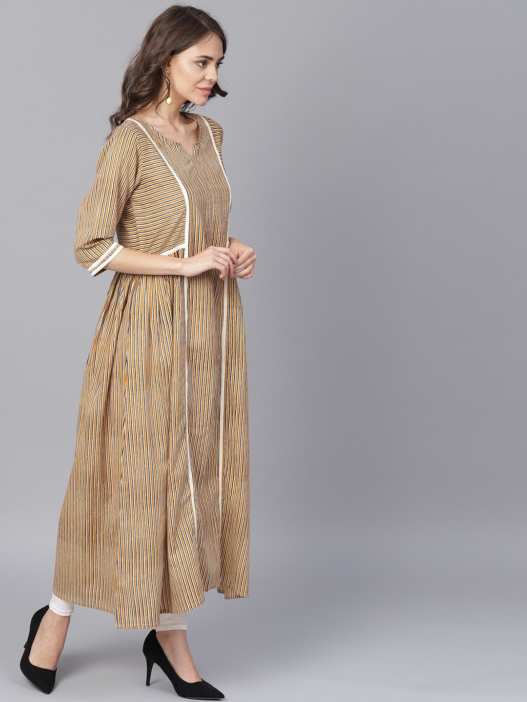 Beige Half Sleeve Cotton Anarkali Kurta | LASVINI - Redefining Indian Fashion with Elegance