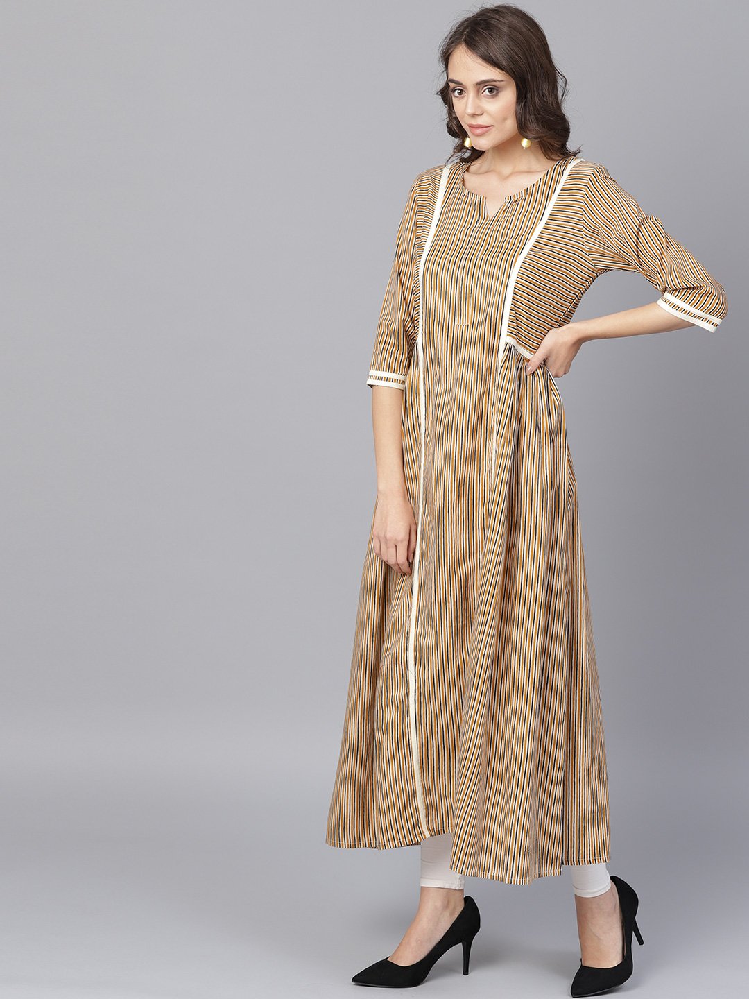 Beige Half Sleeve Cotton Anarkali Kurta | LASVINI - Redefining Indian Fashion with Elegance