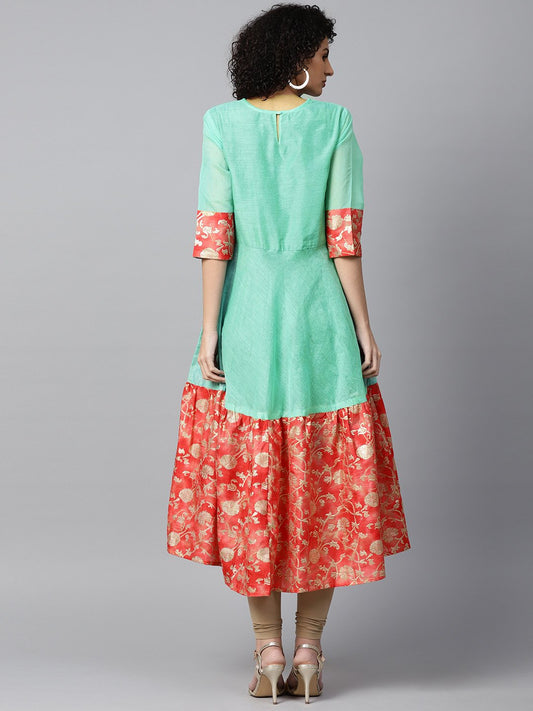 Aqua Banglori Printed Half Sleeve Chanderi Anarkali Kurta | LASVINI - Redefining Indian Fashion with Elegance