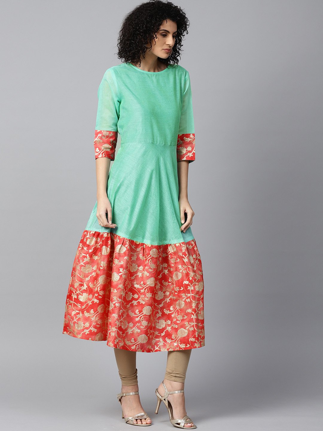 Aqua Banglori Printed Half Sleeve Chanderi Anarkali Kurta | LASVINI - Redefining Indian Fashion with Elegance