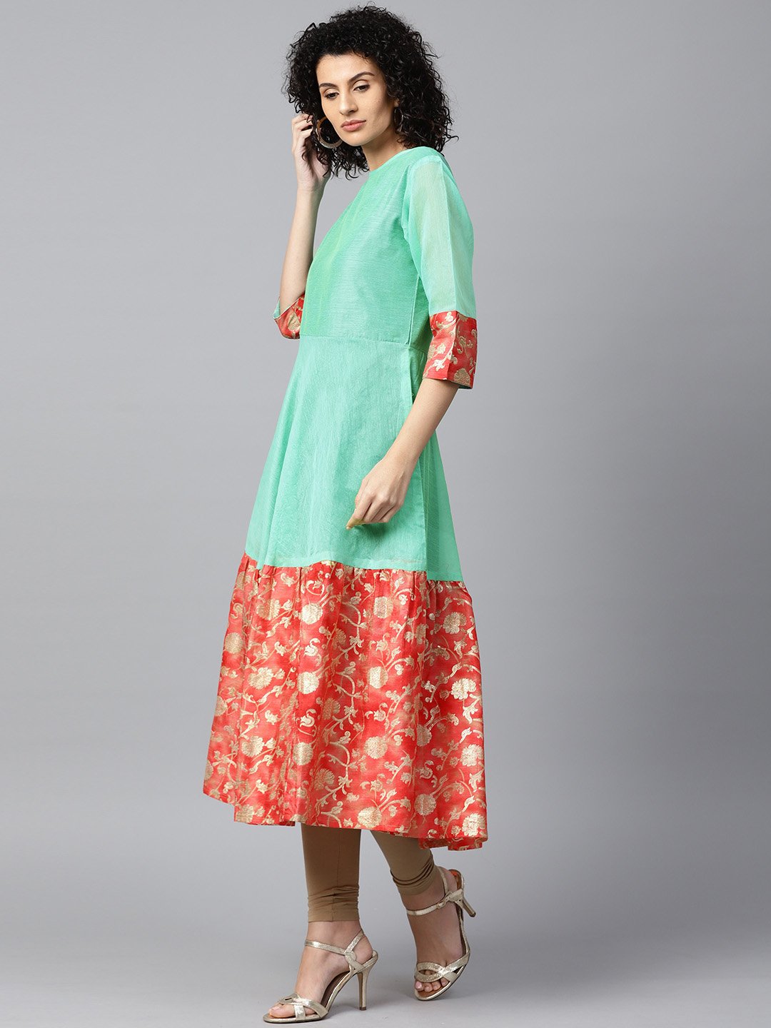 Aqua Banglori Printed Half Sleeve Chanderi Anarkali Kurta | LASVINI - Redefining Indian Fashion with Elegance