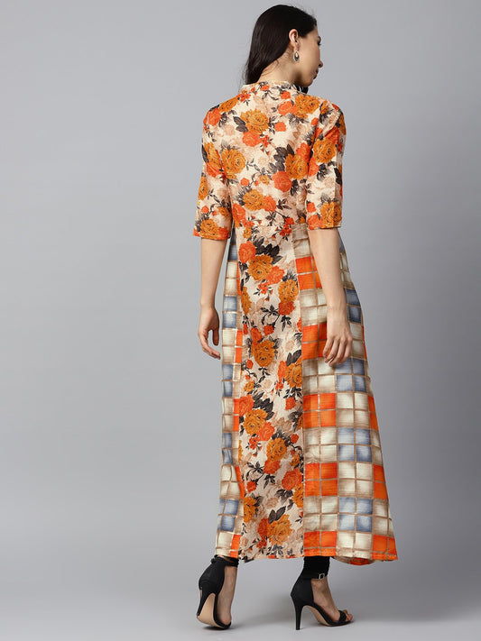 Yellow Flower Printed Half Sleeve Cotton Anarkali Kurta | LASVINI - Redefining Indian Fashion with Elegance