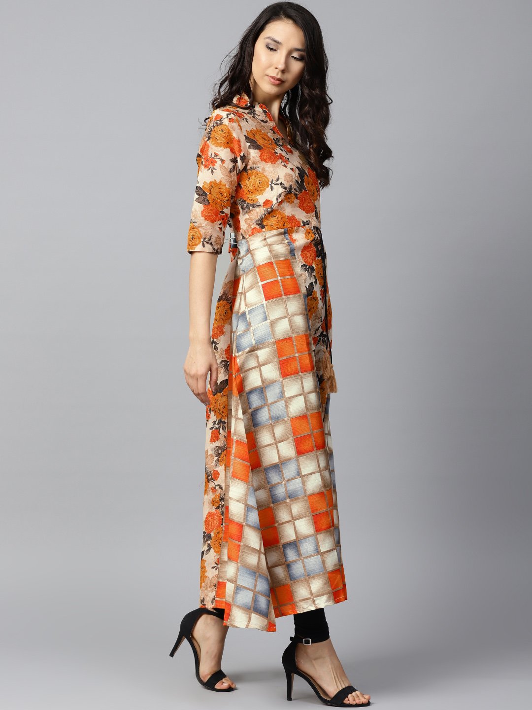Yellow Flower Printed Half Sleeve Cotton Anarkali Kurta | LASVINI - Redefining Indian Fashion with Elegance