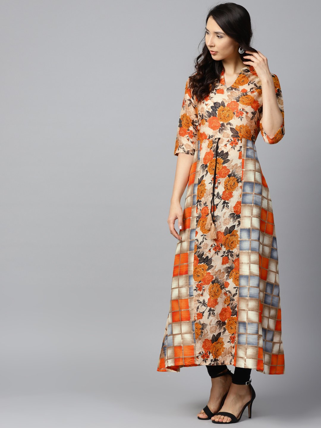 Yellow Flower Printed Half Sleeve Cotton Anarkali Kurta | LASVINI - Redefining Indian Fashion with Elegance