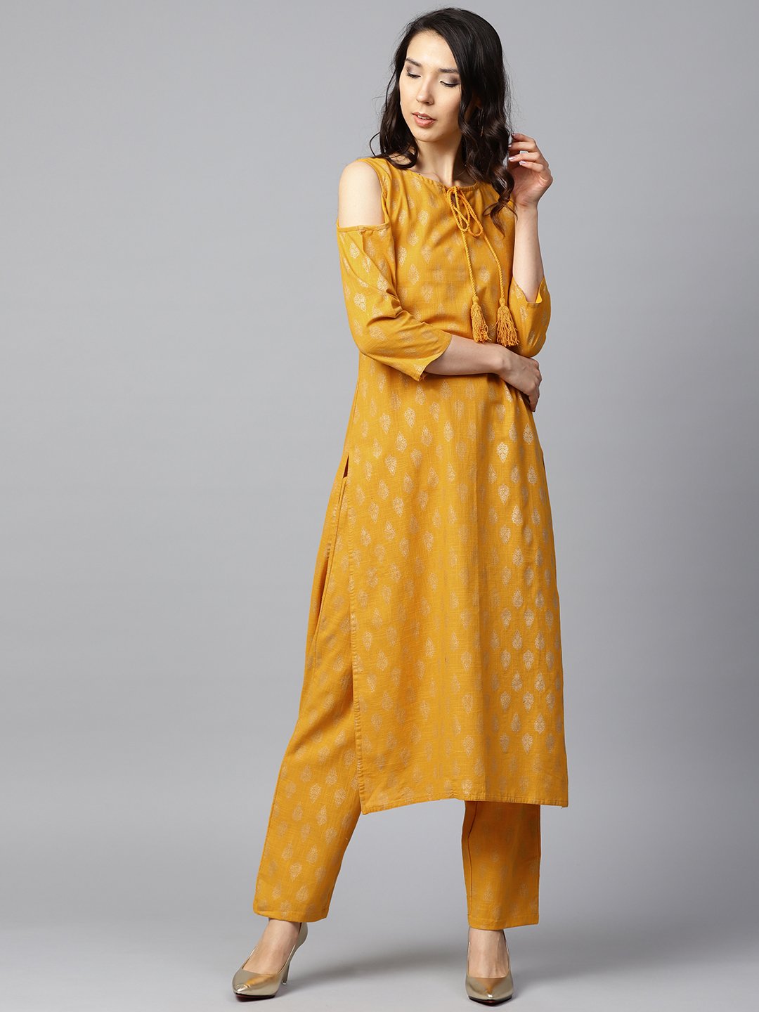 Yellow Printed 3/4Th Sleeve Cold Shoulder Cotton Kurta With Yellow Printed Palazzo | LASVINI - Redefining Indian Fashion with Elegance