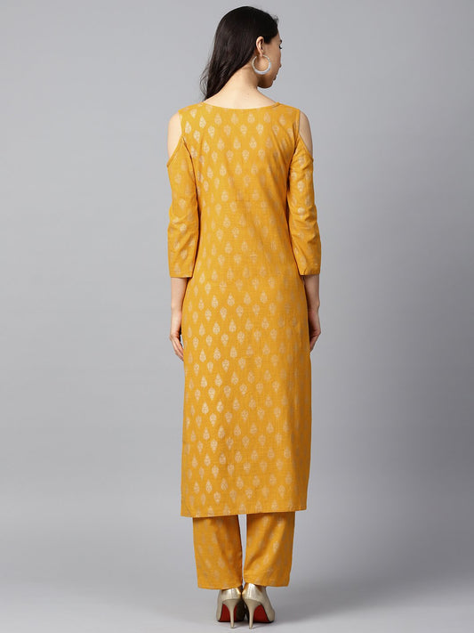 Yellow Printed 3/4Th Sleeve Cold Shoulder Cotton Kurta With Yellow Printed Palazzo | LASVINI - Redefining Indian Fashion with Elegance