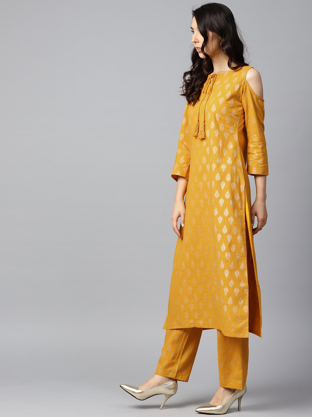 Yellow Printed 3/4Th Sleeve Cold Shoulder Cotton Kurta With Yellow Printed Palazzo | LASVINI - Redefining Indian Fashion with Elegance