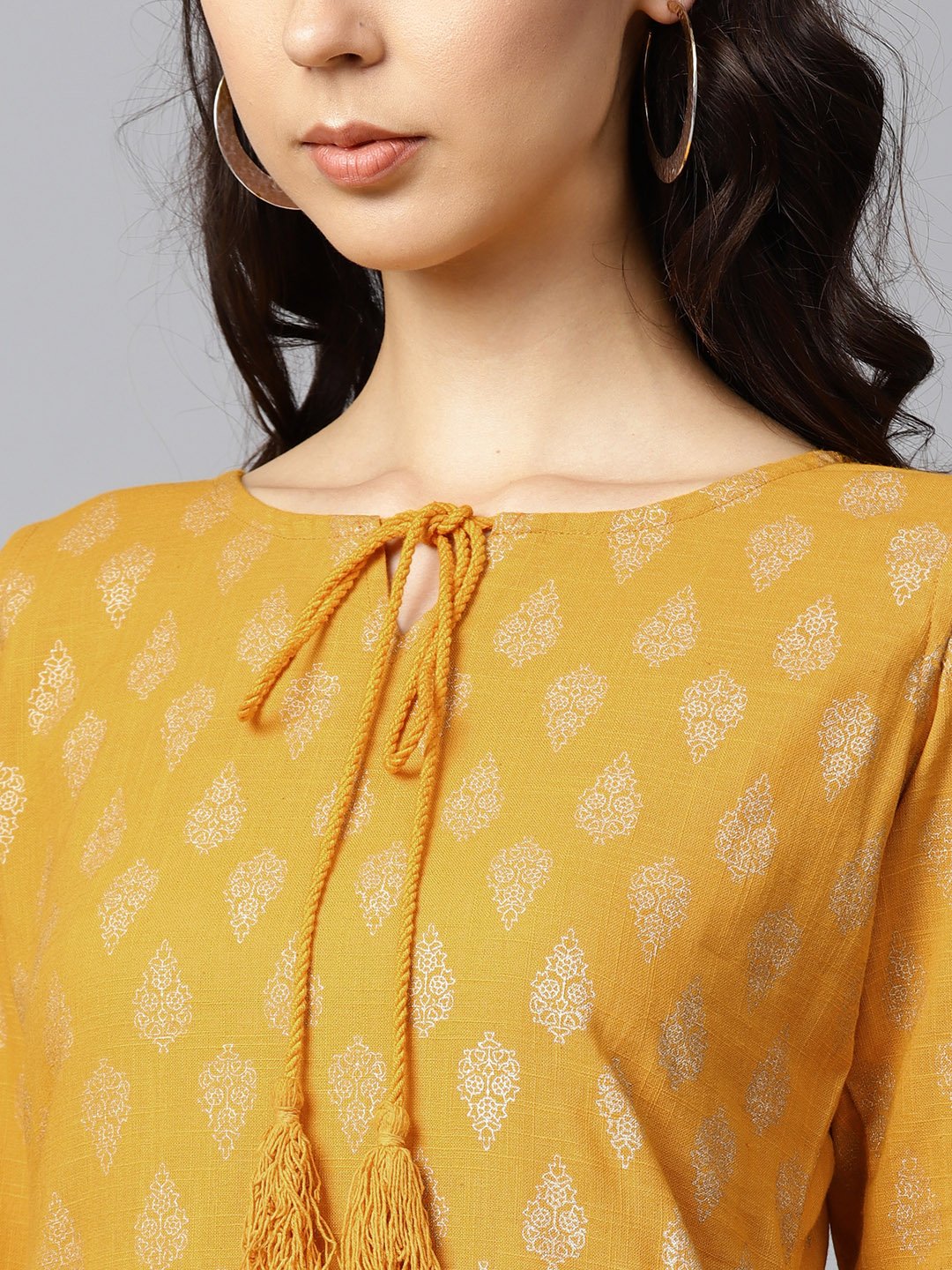 Yellow Printed 3/4Th Sleeve Cold Shoulder Cotton Kurta With Yellow Printed Palazzo | LASVINI - Redefining Indian Fashion with Elegance
