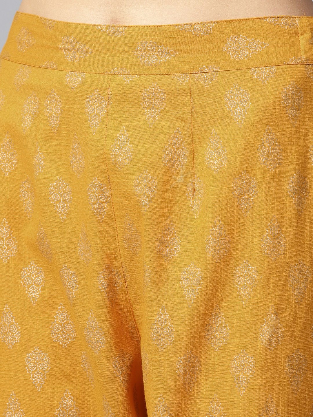 Yellow Printed 3/4Th Sleeve Cold Shoulder Cotton Kurta With Yellow Printed Palazzo | LASVINI - Redefining Indian Fashion with Elegance