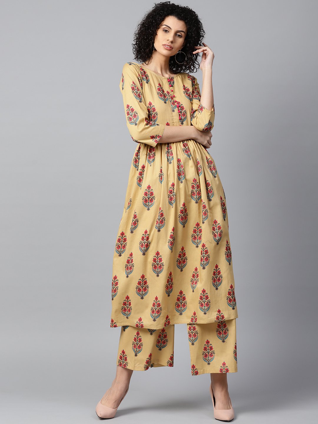 Yellow Printed 3/4Th Sleeve Cotton Anarkali Kurta With Printed Palazzo | LASVINI - Redefining Indian Fashion with Elegance