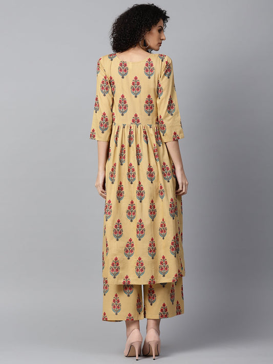 Yellow Printed 3/4Th Sleeve Cotton Anarkali Kurta With Printed Palazzo | LASVINI - Redefining Indian Fashion with Elegance
