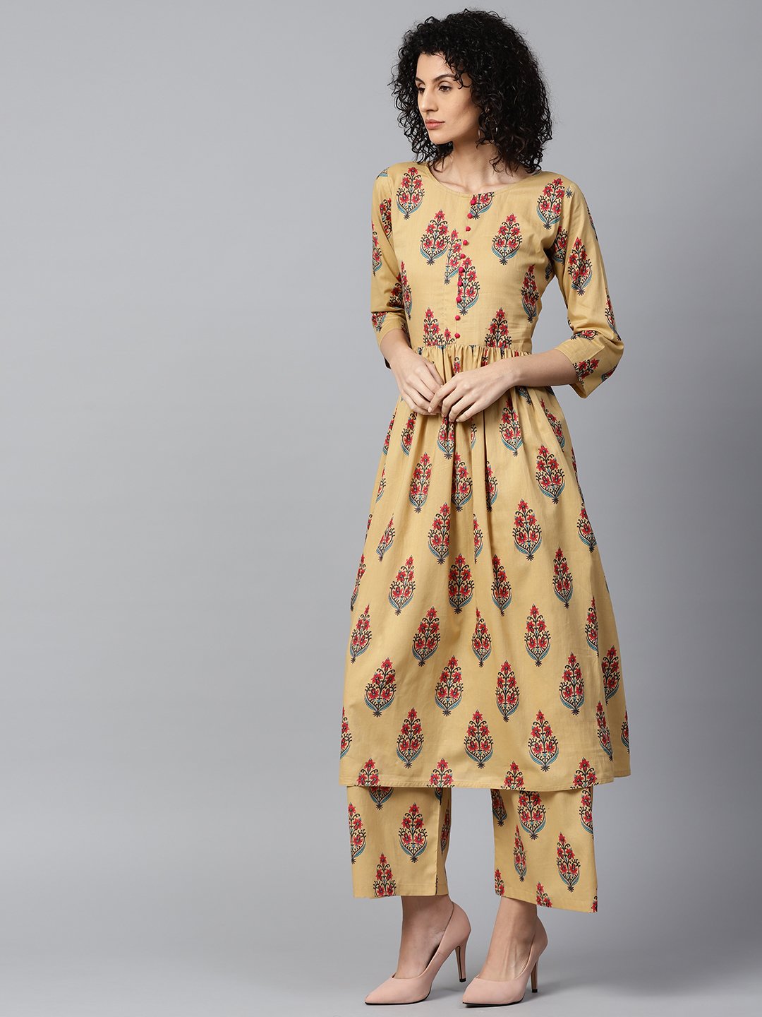 Yellow Printed 3/4Th Sleeve Cotton Anarkali Kurta With Printed Palazzo | LASVINI - Redefining Indian Fashion with Elegance