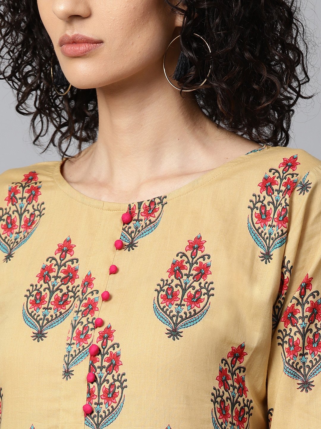 Yellow Printed 3/4Th Sleeve Cotton Anarkali Kurta With Printed Palazzo | LASVINI - Redefining Indian Fashion with Elegance