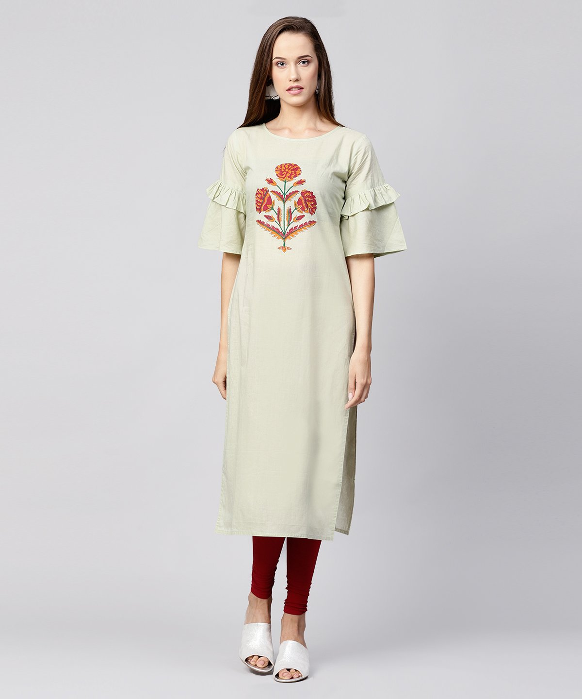 Beige Half Flared Sleeve Cotton Straight Kurta | LASVINI - Redefining Indian Fashion with Elegance
