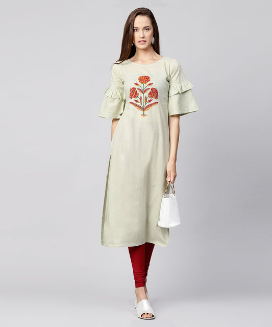 Beige Half Flared Sleeve Cotton Straight Kurta | LASVINI - Redefining Indian Fashion with Elegance