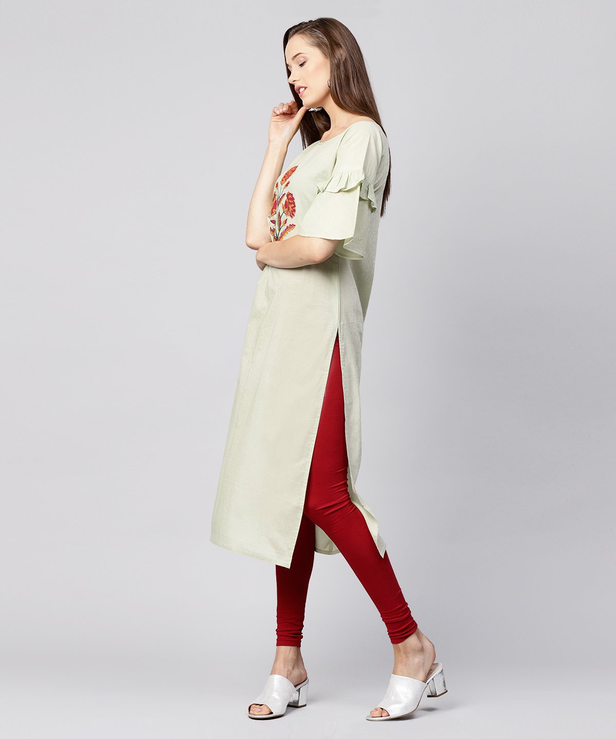 Beige Half Flared Sleeve Cotton Straight Kurta | LASVINI - Redefining Indian Fashion with Elegance