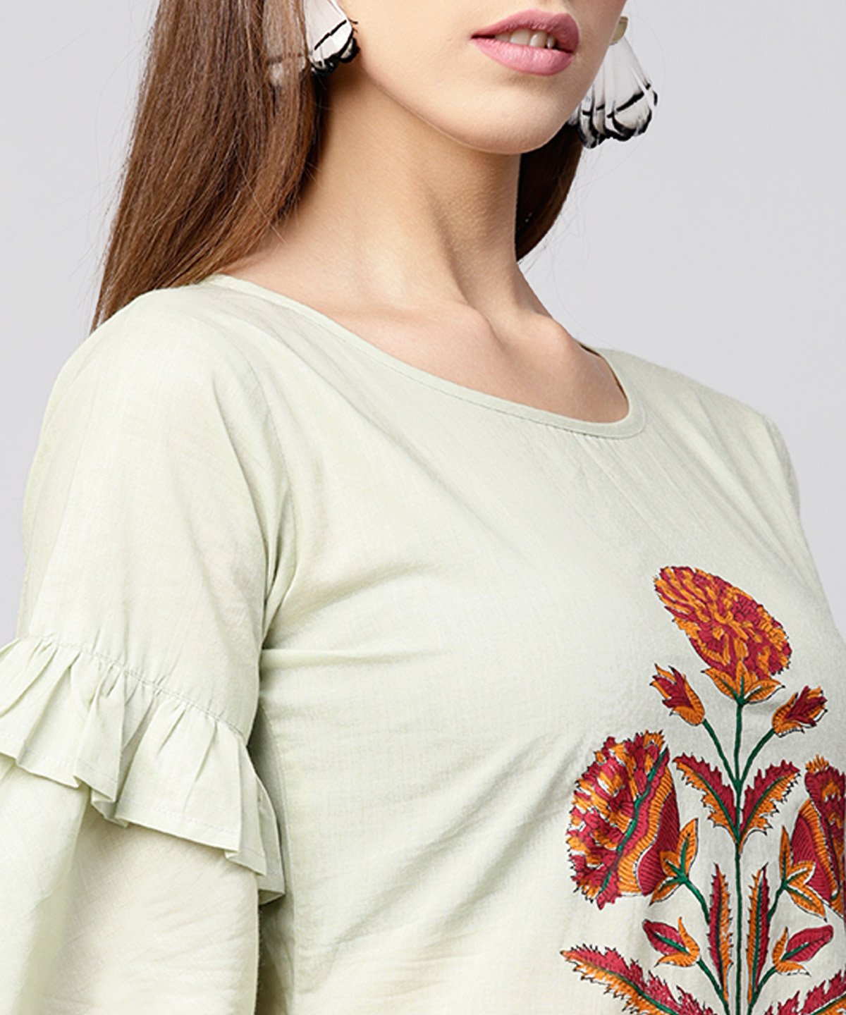 Beige Half Flared Sleeve Cotton Straight Kurta | LASVINI - Redefining Indian Fashion with Elegance