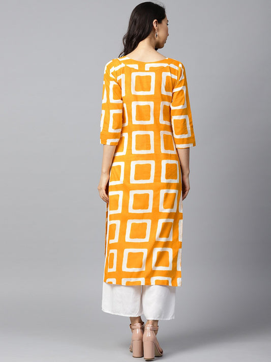 Yellow Printed 3/4Th Sleeve Cotton Straight Kurta | LASVINI - Redefining Indian Fashion with Elegance