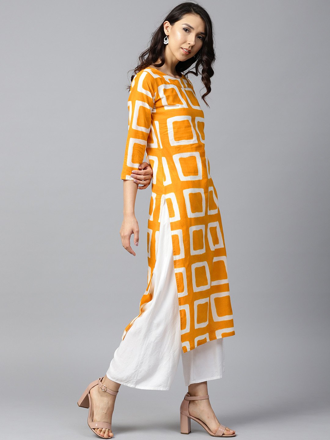 Yellow Printed 3/4Th Sleeve Cotton Straight Kurta | LASVINI - Redefining Indian Fashion with Elegance
