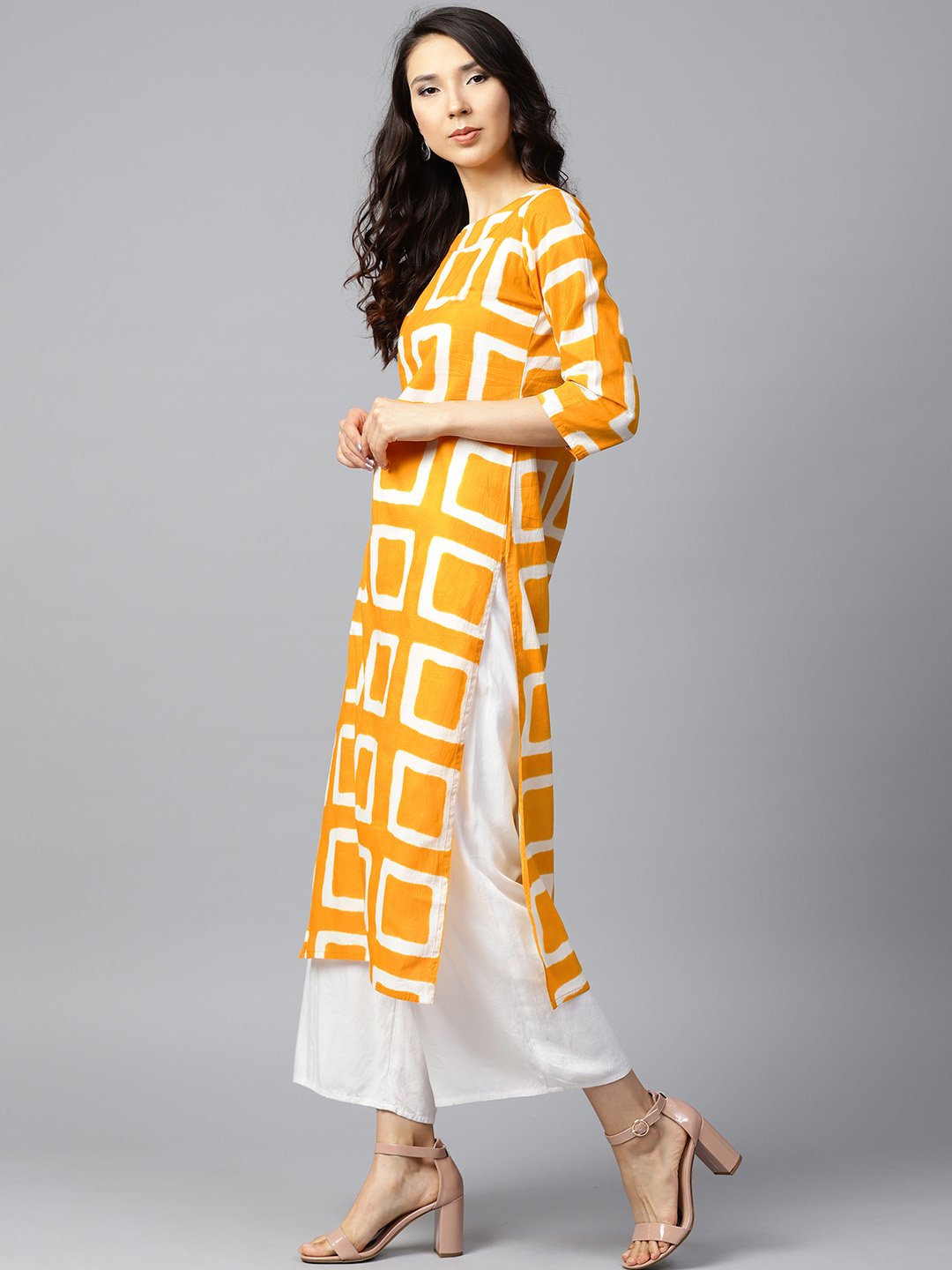 Yellow Printed 3/4Th Sleeve Cotton Straight Kurta | LASVINI - Redefining Indian Fashion with Elegance
