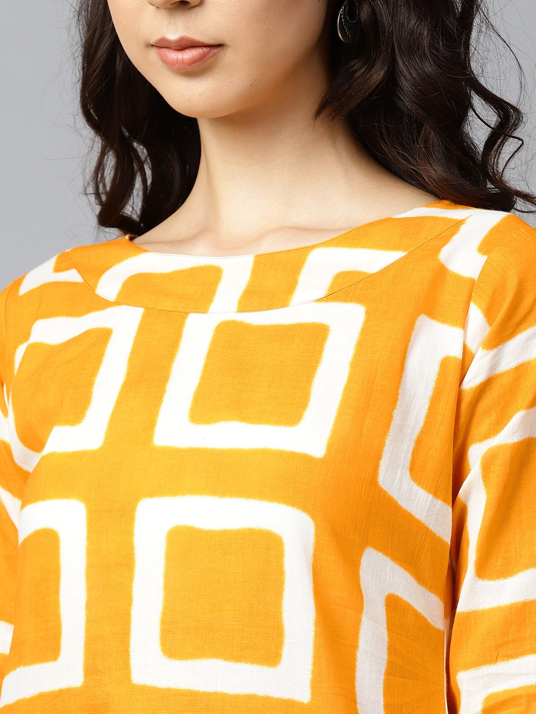 Yellow Printed 3/4Th Sleeve Cotton Straight Kurta | LASVINI - Redefining Indian Fashion with Elegance