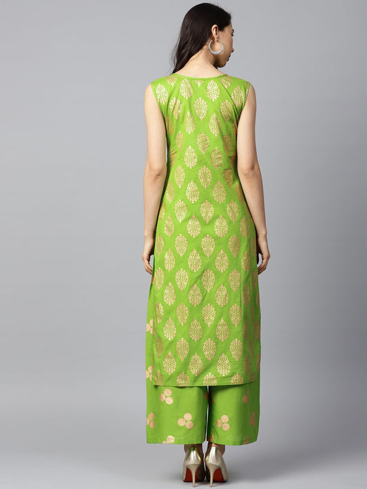Green Printed Sleeveless Cotton Kurta With Green Printed Palazzo | LASVINI - Redefining Indian Fashion with Elegance