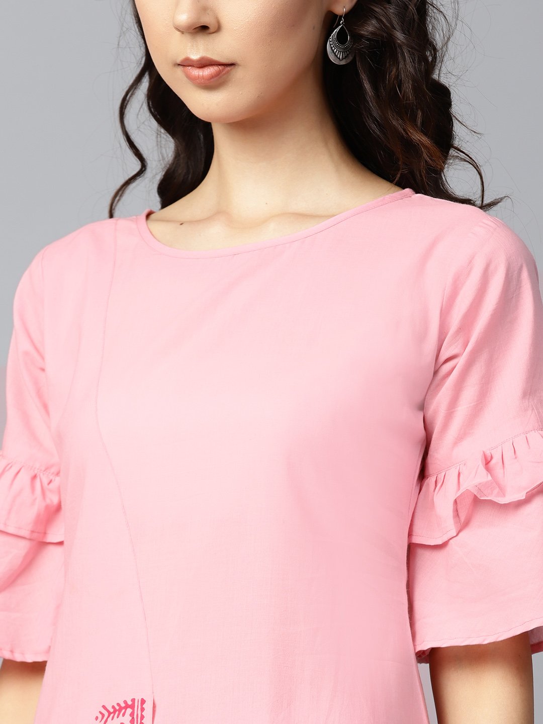 Pink Block Printed Half Umbrella Sleeve Cotton A-Line Kurta | LASVINI - Redefining Indian Fashion with Elegance