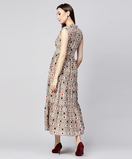 Beige Printed Sleeveless Cotton Maxi Dress | LASVINI - Redefining Indian Fashion with Elegance
