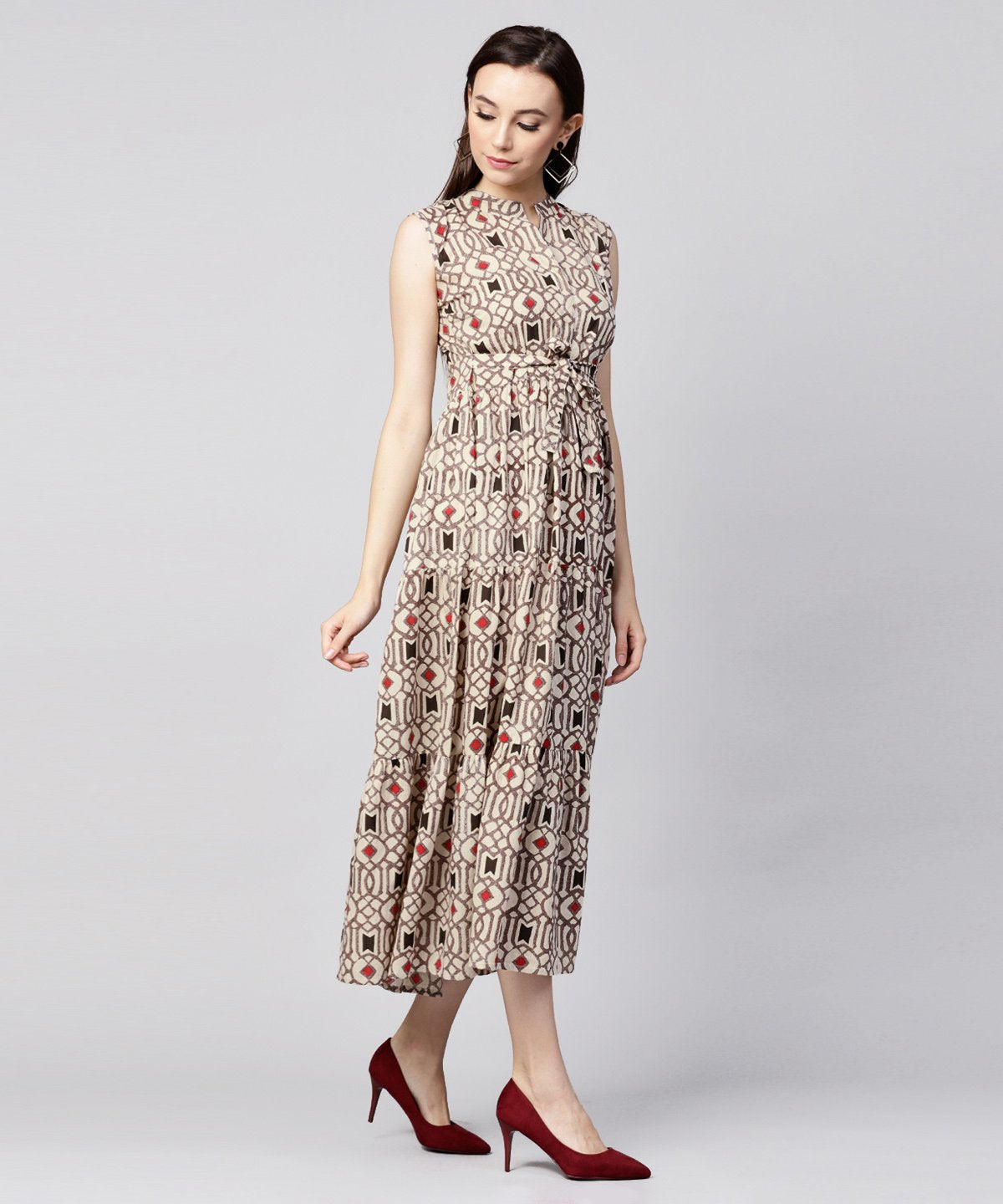 Beige Printed Sleeveless Cotton Maxi Dress | LASVINI - Redefining Indian Fashion with Elegance