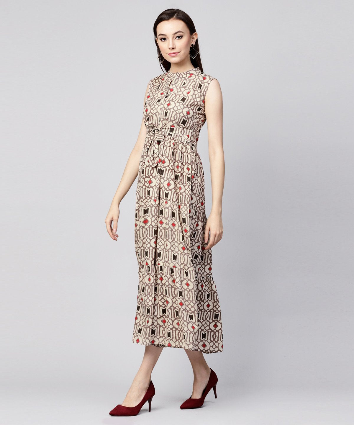 Beige Printed Sleeveless Cotton Maxi Dress | LASVINI - Redefining Indian Fashion with Elegance
