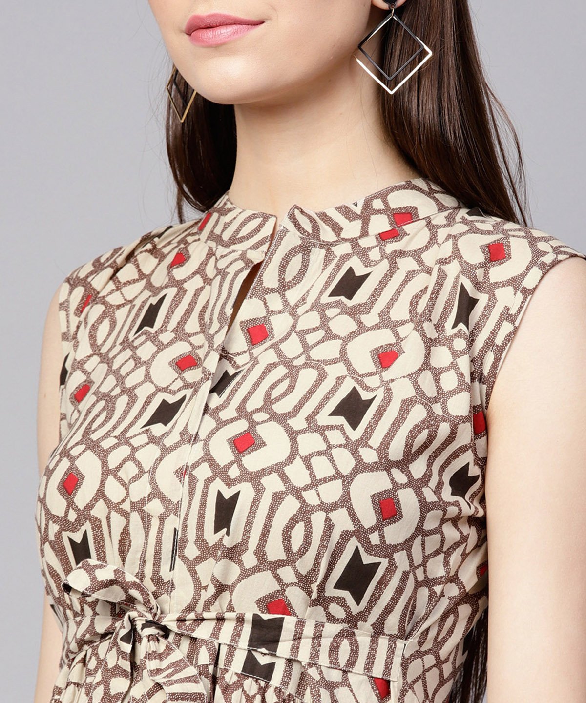 Beige Printed Sleeveless Cotton Maxi Dress | LASVINI - Redefining Indian Fashion with Elegance