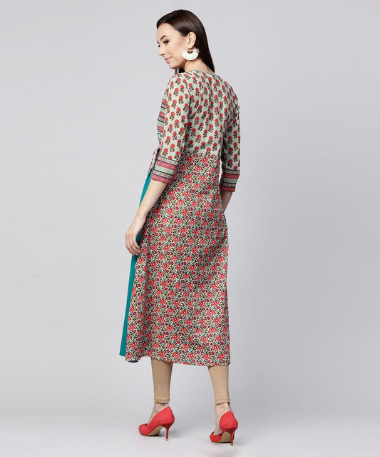 White Printed 3/4Th Sleeve Cotton Anarkali Kurta With Side Latkan | LASVINI - Redefining Indian Fashion with Elegance