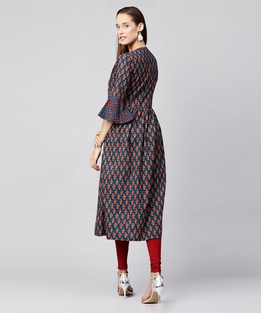 Blue Printed Circle Sleeve Cotton Anarkali Kurta | LASVINI - Redefining Indian Fashion with Elegance