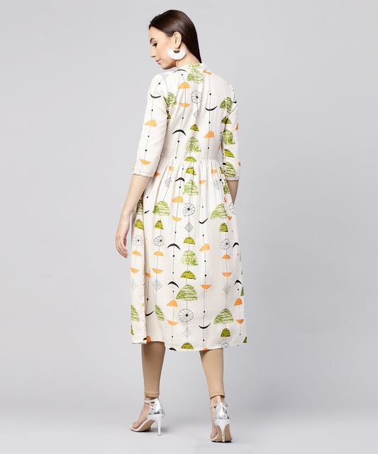 Off White Printed Half Sleeve Cotton Flax Anarkali Kurta | LASVINI - Redefining Indian Fashion with Elegance