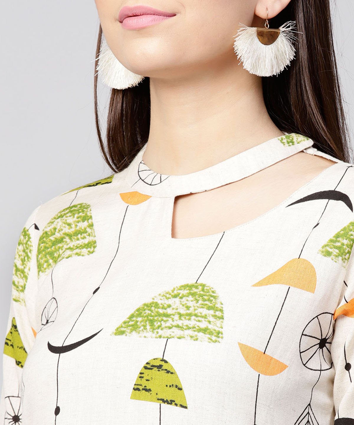 Off White Printed Half Sleeve Cotton Flax Anarkali Kurta | LASVINI - Redefining Indian Fashion with Elegance