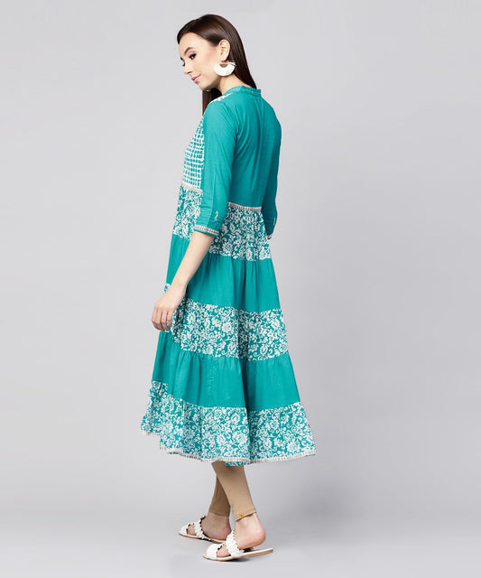 Blue Khadi Print 3/4Th Sleeve Rayon & Cotton Slub Tiered Anarkali Kurta | LASVINI - Redefining Indian Fashion with Elegance