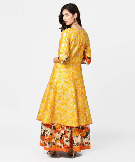 Yellow Banglori Printed 3/4Th Sleeve Double Layer Anarkali Kurta | LASVINI - Redefining Indian Fashion with Elegance