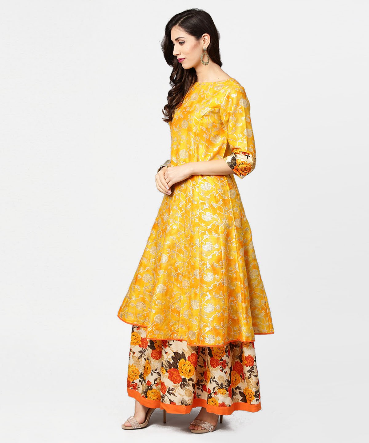 Yellow Banglori Printed 3/4Th Sleeve Double Layer Anarkali Kurta | LASVINI - Redefining Indian Fashion with Elegance