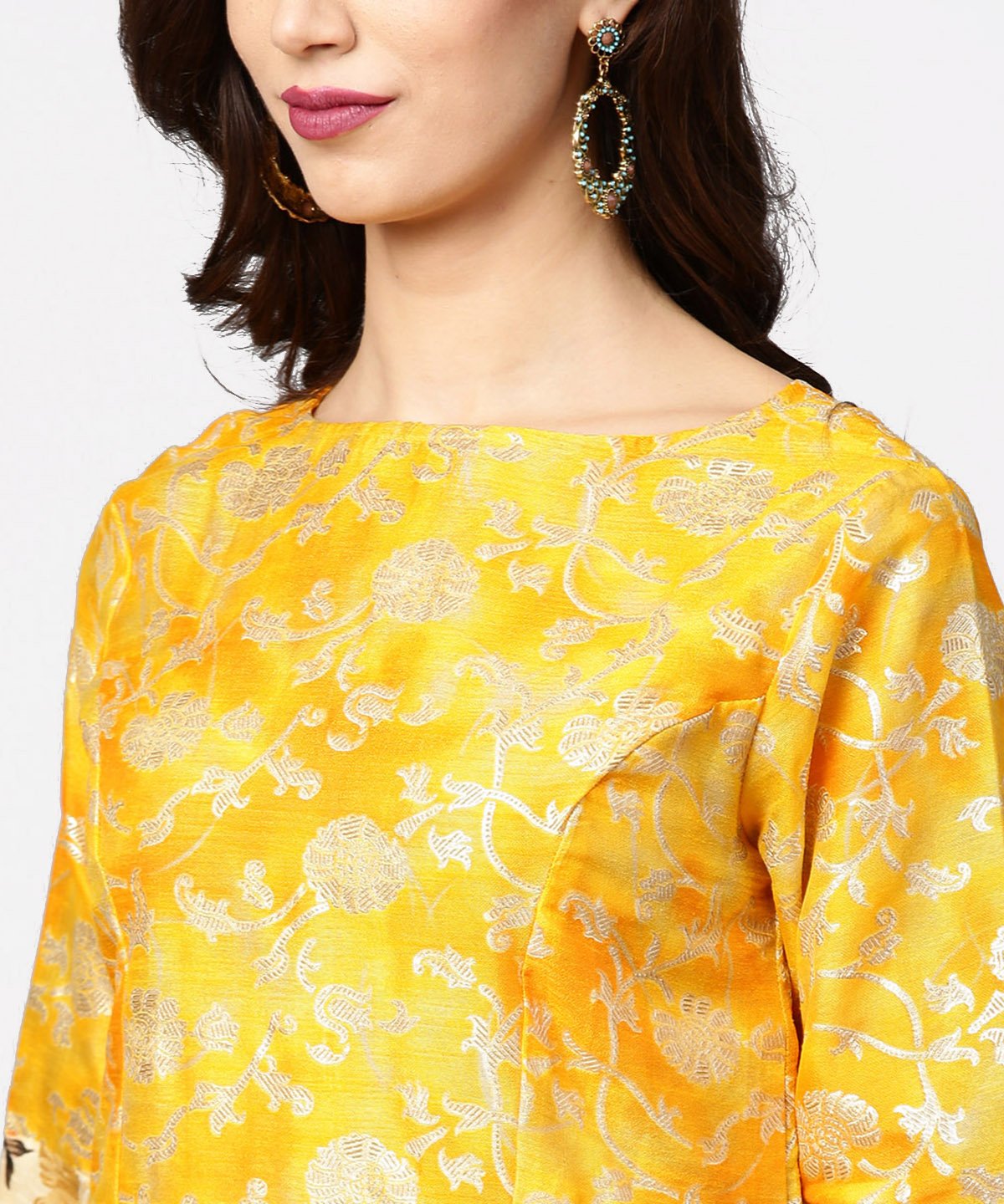 Yellow Banglori Printed 3/4Th Sleeve Double Layer Anarkali Kurta | LASVINI - Redefining Indian Fashion with Elegance