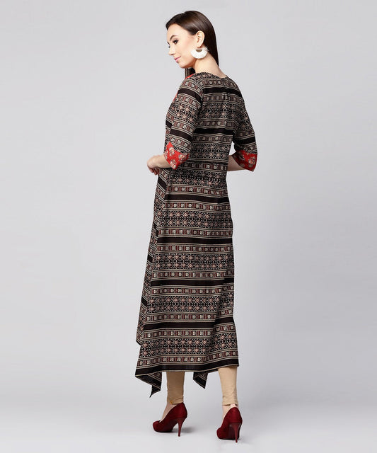 Red & Black Printed 3/4Th Sleeve Cotton A-Line Low-High Kurta | LASVINI - Redefining Indian Fashion with Elegance