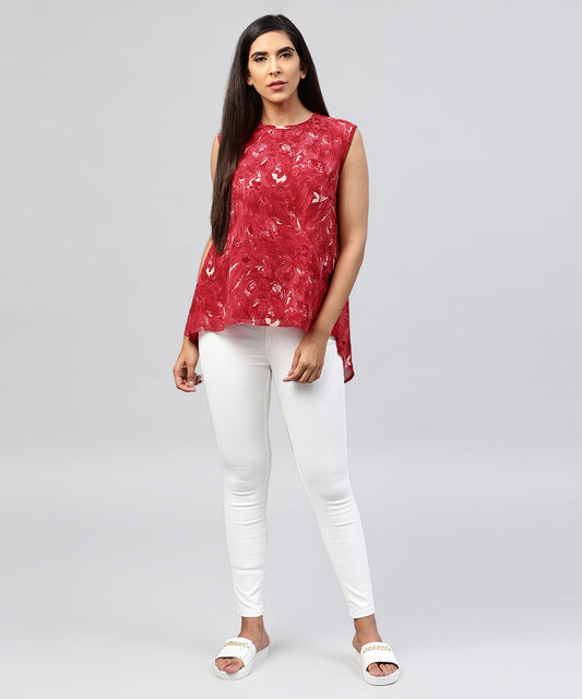 Red Sleeveless Silk Baleno Printed Low High Tops | LASVINI - Redefining Indian Fashion with Elegance