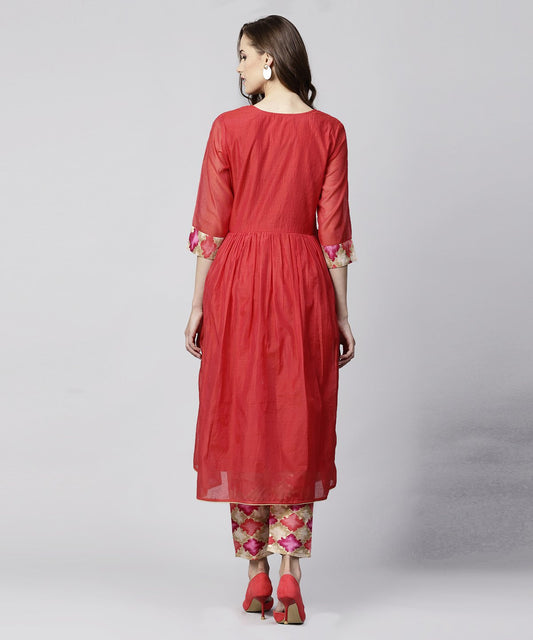 Red 3/4Th Sleeve Chanderi Printed Anarkali Kurta With Printed Palazzo | LASVINI - Redefining Indian Fashion with Elegance