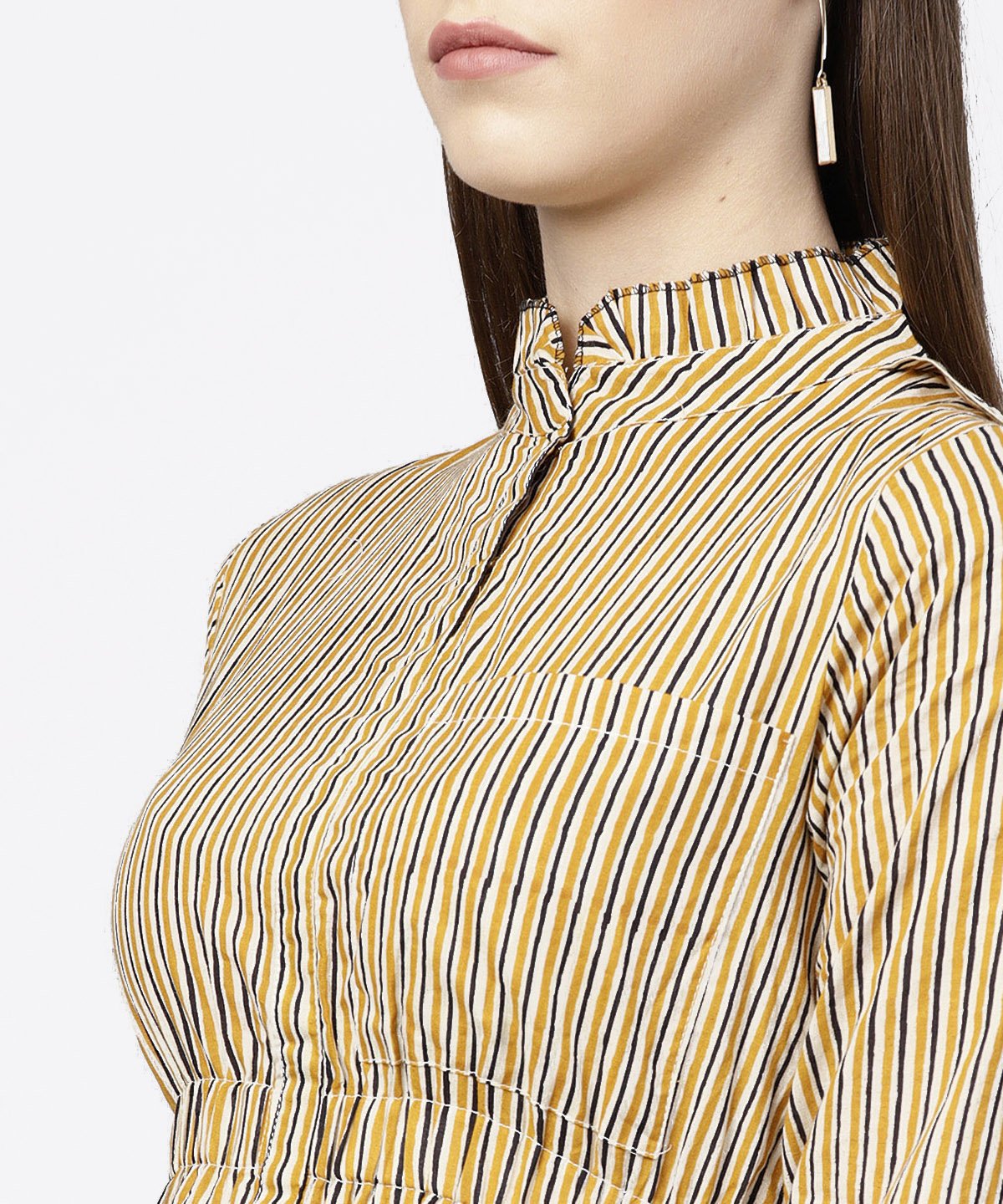 Yellow 3/4Th Sleeve Striped Cotton Dress | LASVINI - Redefining Indian Fashion with Elegance