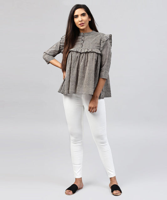 Black Striped 3/4Th Sleeve Cotton Tops | LASVINI - Redefining Indian Fashion with Elegance