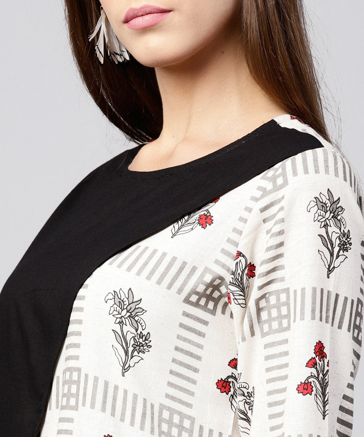 Off White & Black Printed Cotton 3/4Th Sleeve A-Line Kurta With Pocket At Front | LASVINI - Redefining Indian Fashion with Elegance