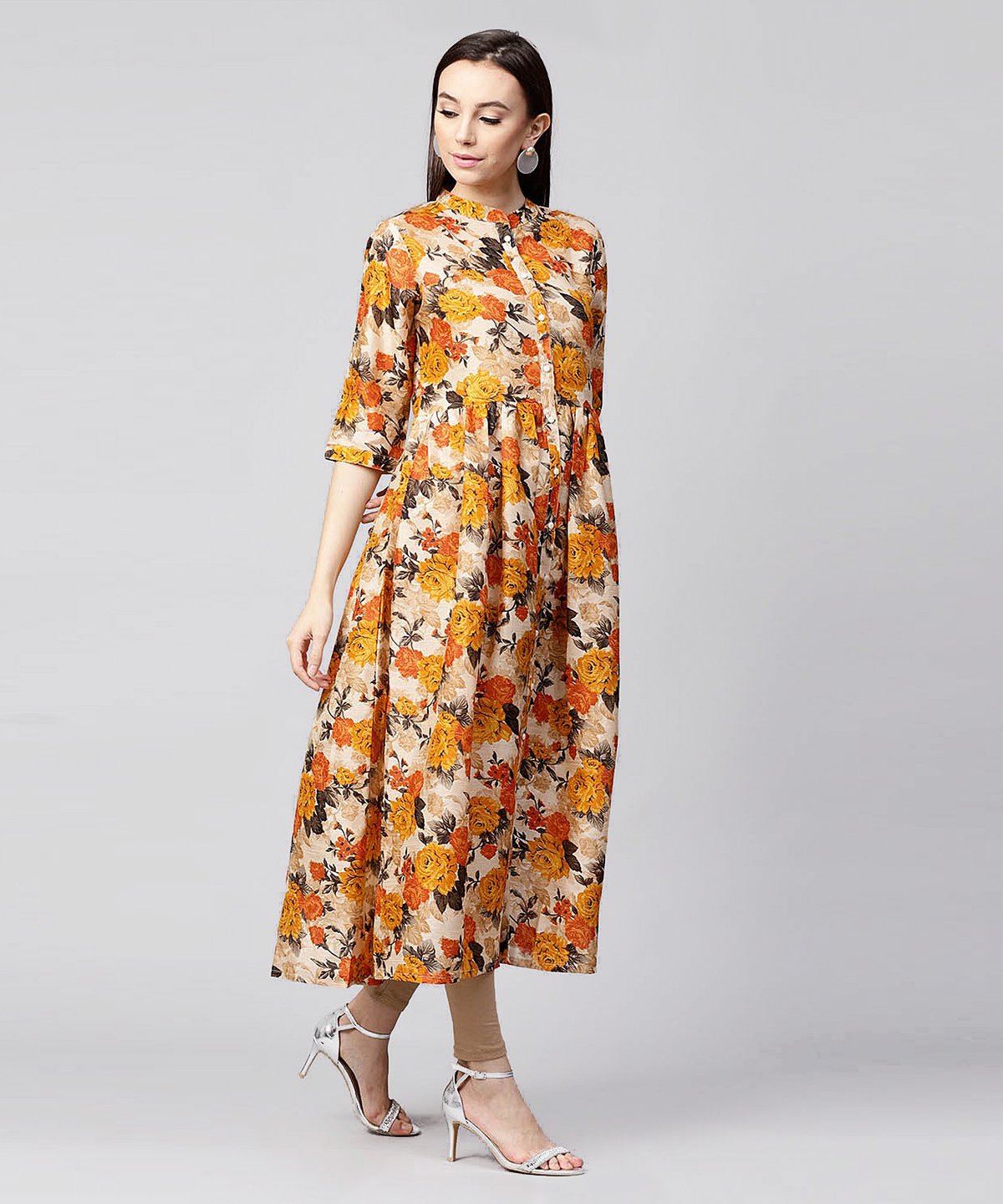 Yellow Flower Printed 3/4Th Sleeve Anarkali Kurta | LASVINI - Redefining Indian Fashion with Elegance