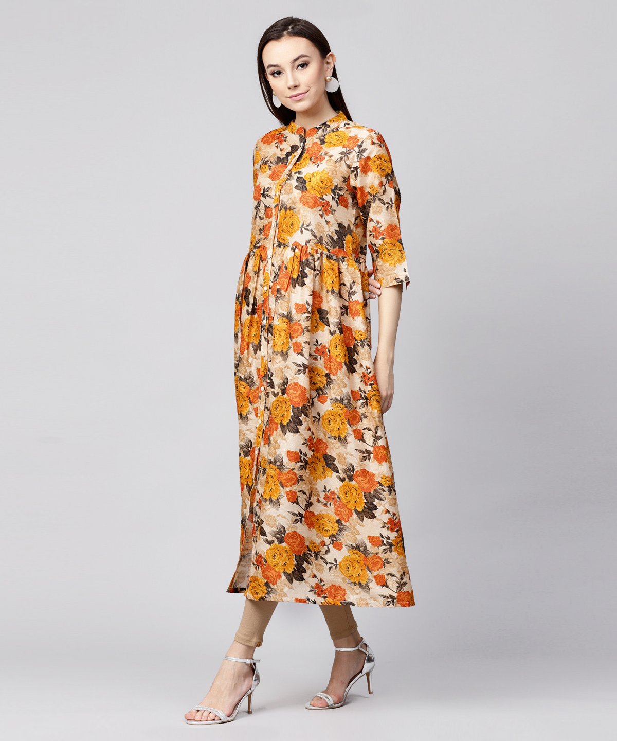 Yellow Flower Printed 3/4Th Sleeve Anarkali Kurta | LASVINI - Redefining Indian Fashion with Elegance